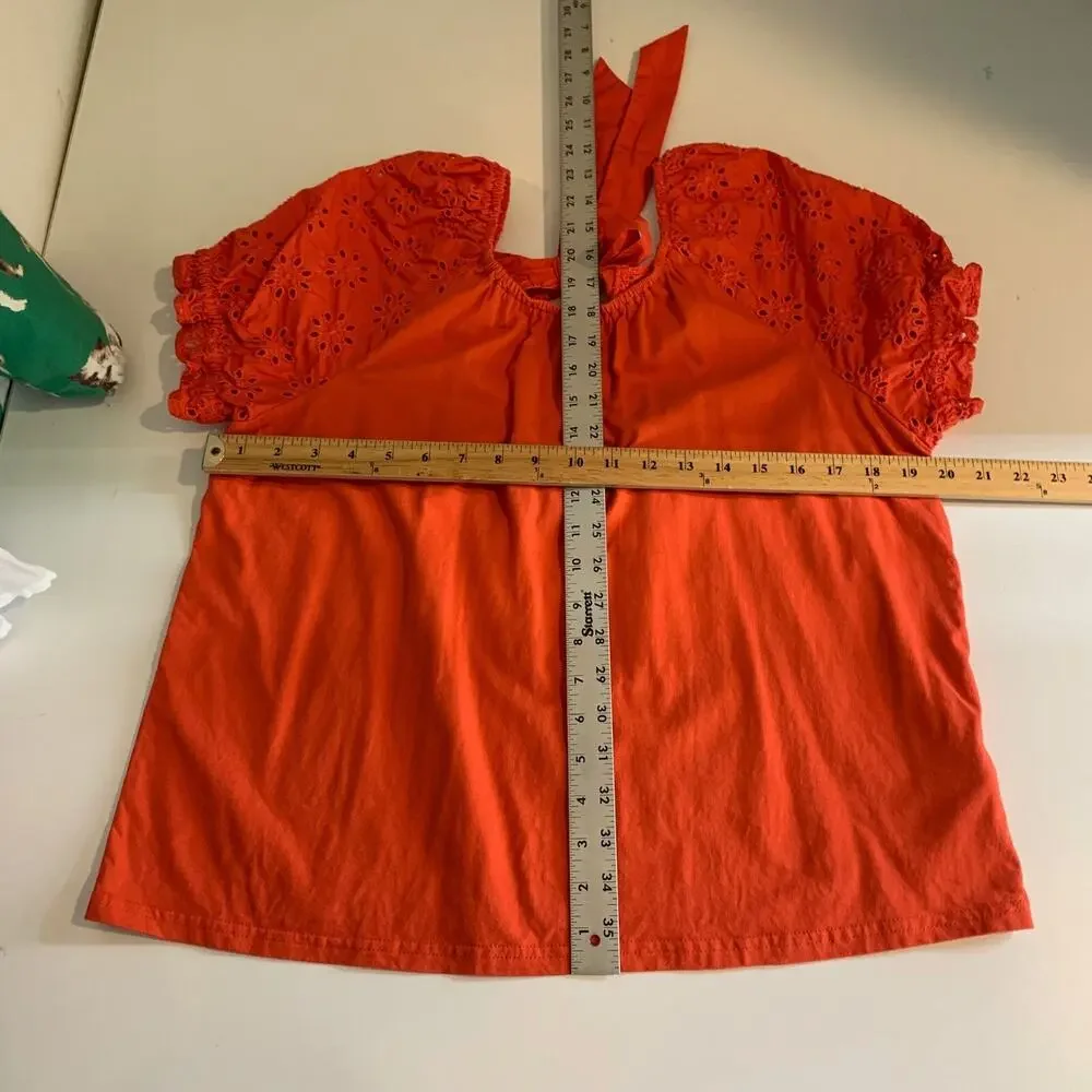 J Crew Top Womens L Large Pimento Cotton Eyelet Puff Sleeve Bow Tie Cutout Back